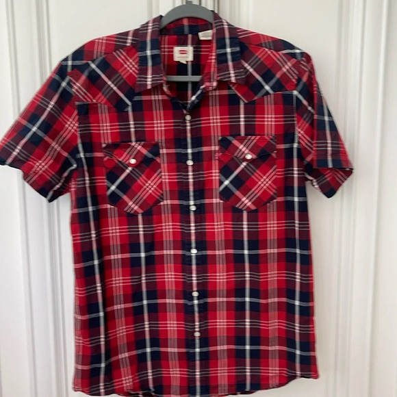 Levi's Men’s Pearl Snap Check Plaid Cotton Lightweight Western Shirt Red Size L - Picture 1 of 12